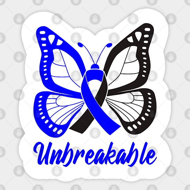 Blue and Black Butterfly Awareness Ribbon Unbreakable Sticker by FanaticTee